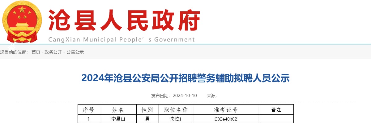 2024沧州沧县公安局招聘警务辅助拟聘人员公示 图片