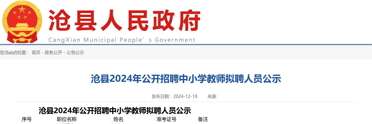2024沧州沧县招聘中小学教师拟聘人员公示 图片